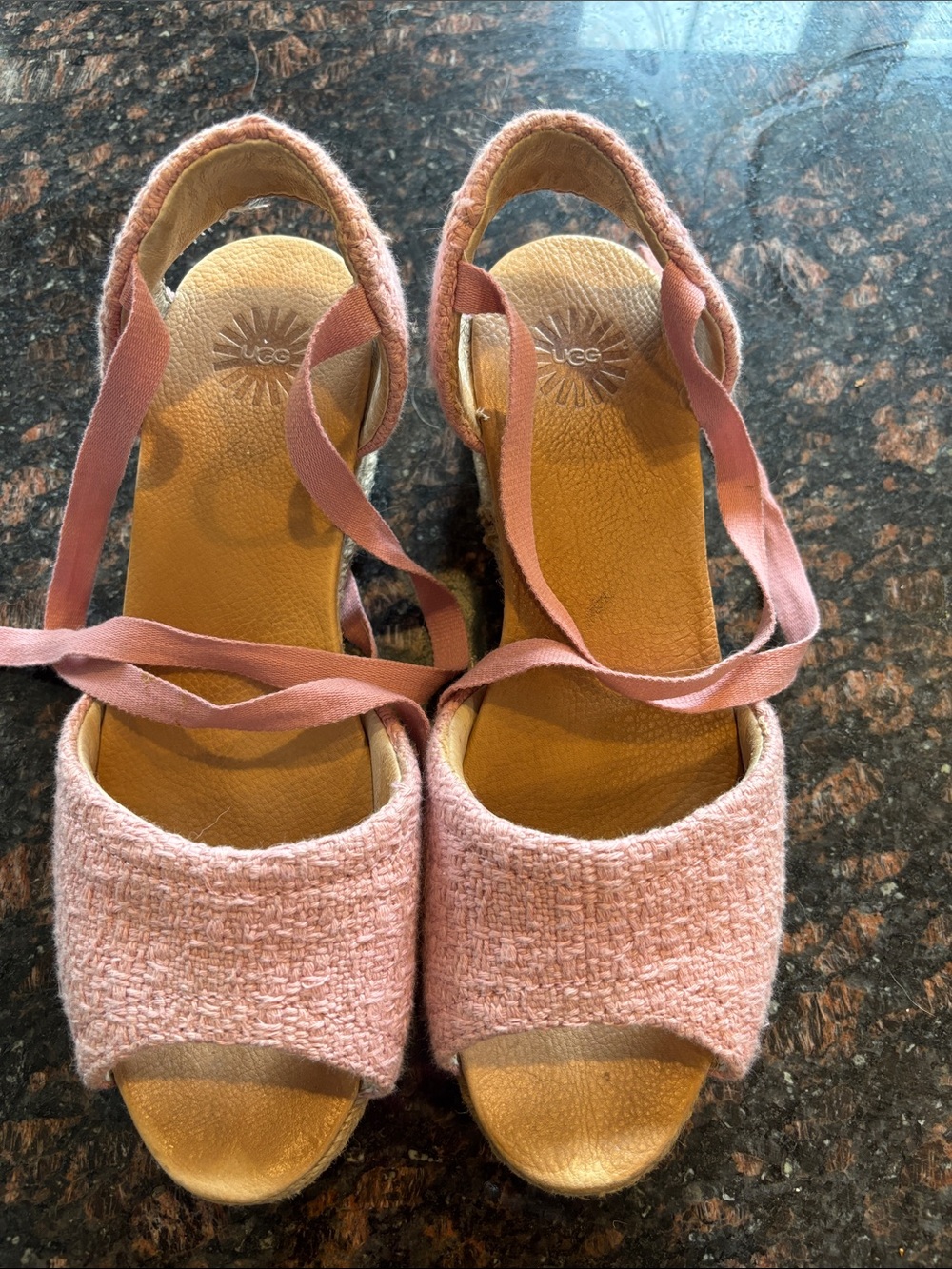 Women’s UGG Delmar Pink Tweed Open-Toe Wedge Espadrille Sandals with Ankle Wraps
